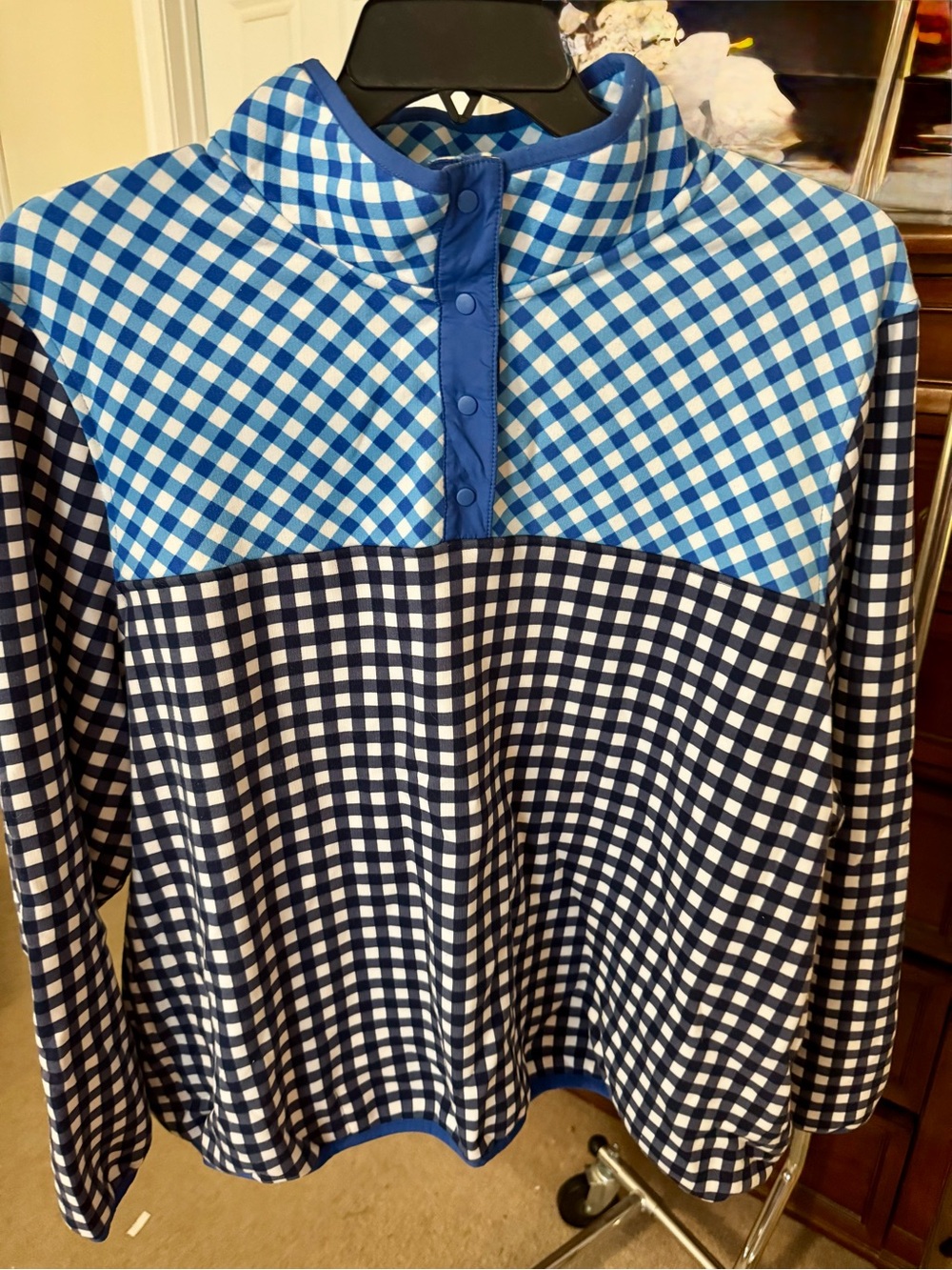 Women’s Plus Blue Gingham Pullover Snap-Front Top